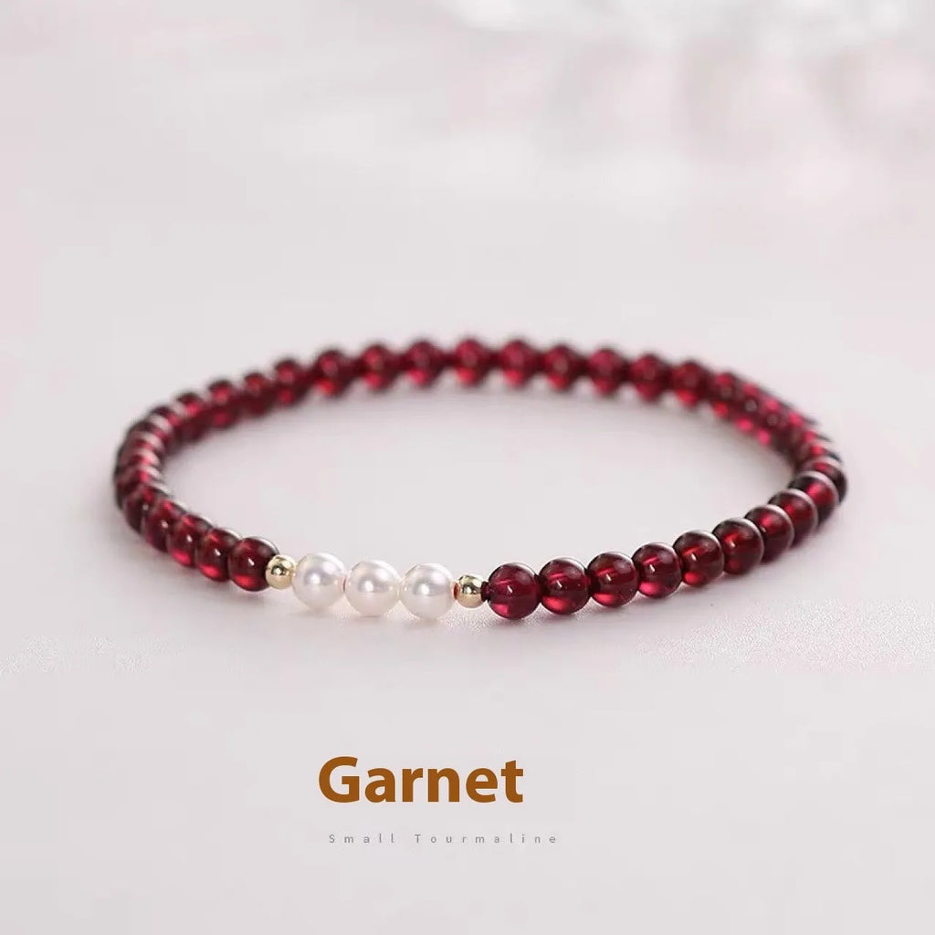 Women's crystal garnet bracelet with artificial pearl beads in 3mm or 4mm sizing options