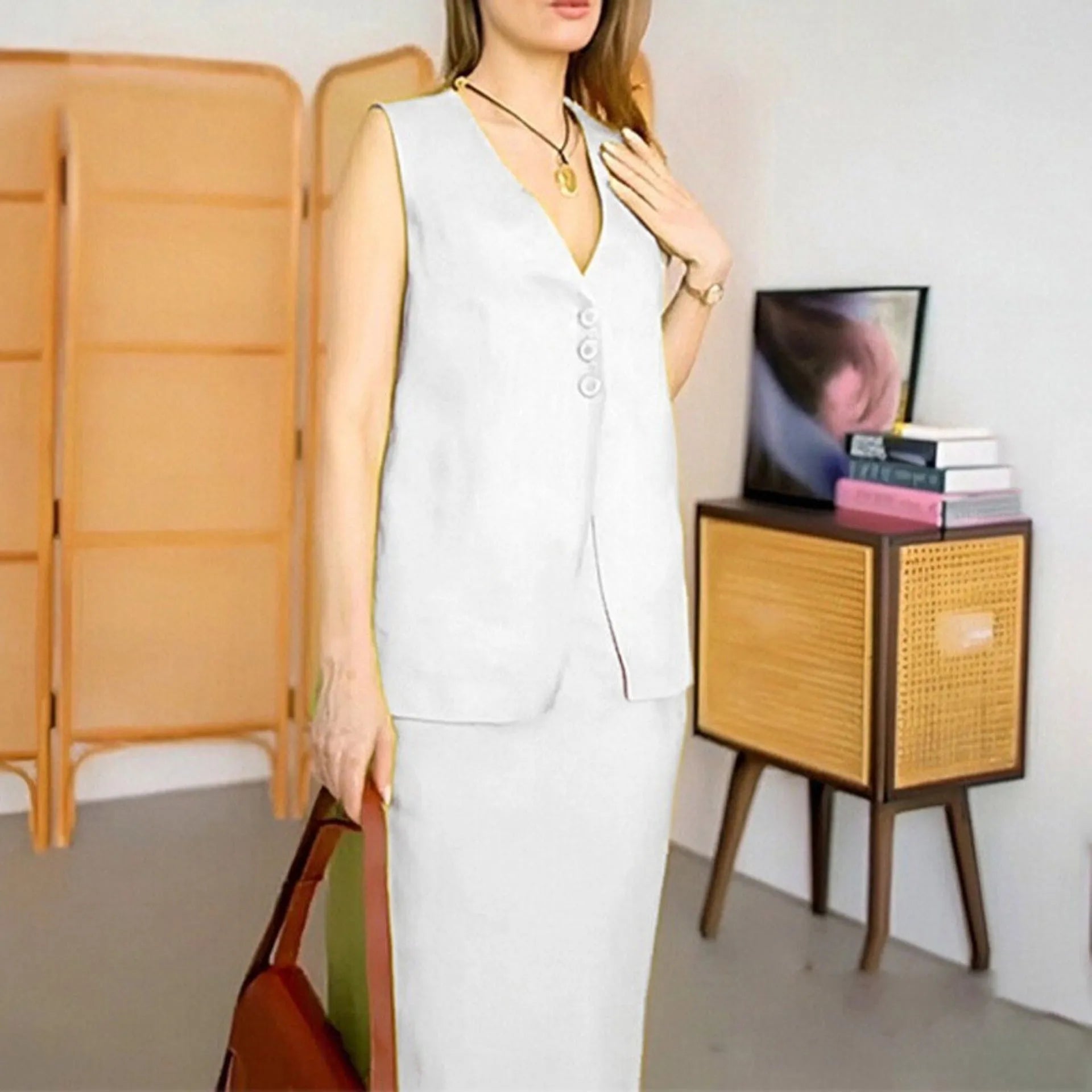 Women's blue casual two-piece set featuring a sleeveless vest and a long, loose-fitting skirt.