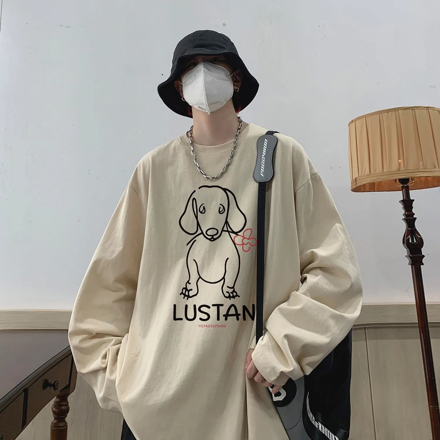 Cotton long sleeve T-shirt with cartoon puppy print, loose fit, in lake blue colour