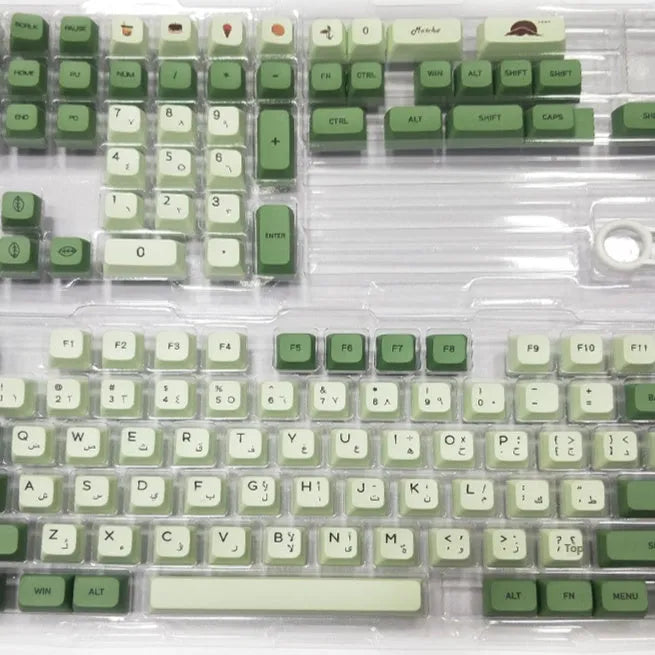 124 PBT dye-sublimation keycap set in matcha green colour on a keyboard.
