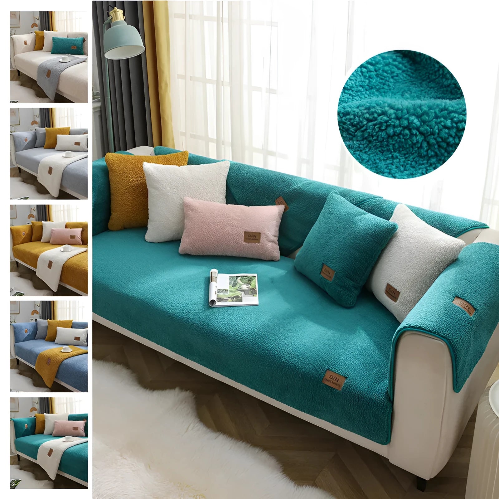 Solid colour plush sofa cover piece with anti-slip backing on a grey sofa