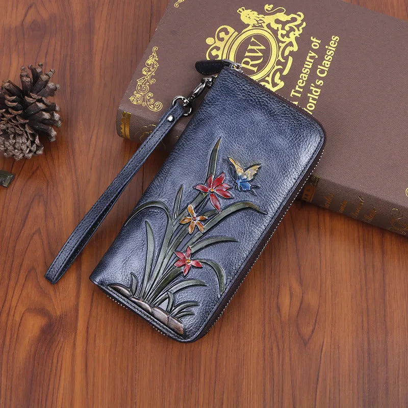 Retro genuine leather long clutch wallet with embossed flower pattern, multiple card slots, 20cm length, in retro coffee colour