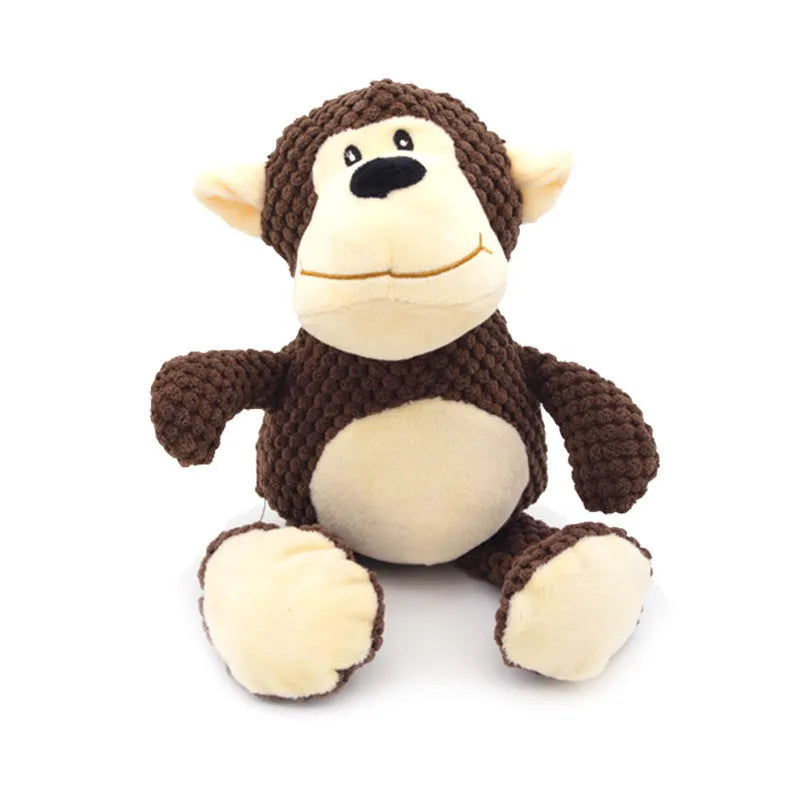 Four animal-shaped dog plush toys: donkey, elephant, orangutan and rabbit designs with squeakers
