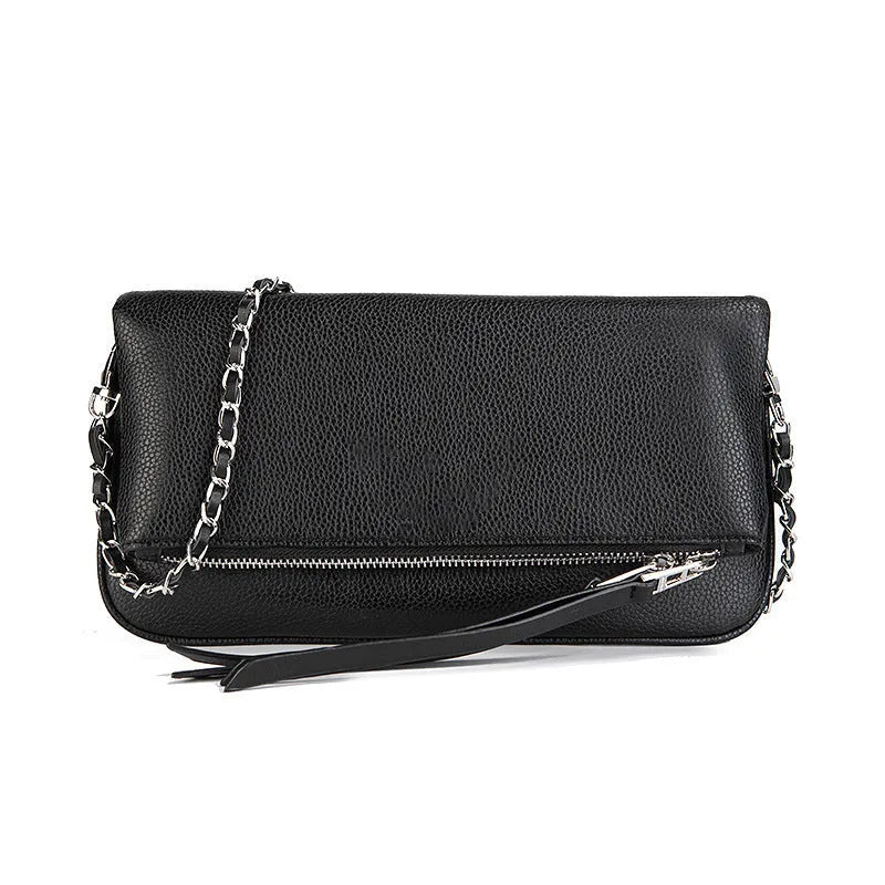 Women's soft PU leather chain folding clutch messenger bag with double straps in black classic colour