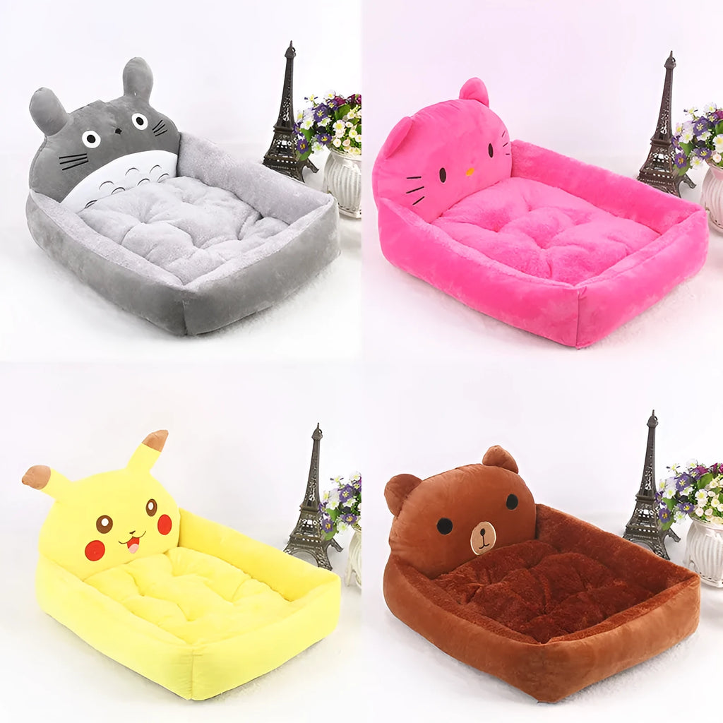 Cartoon-style sofa bed for small dogs or cats, shown in a choice of colours with soft plush interior.