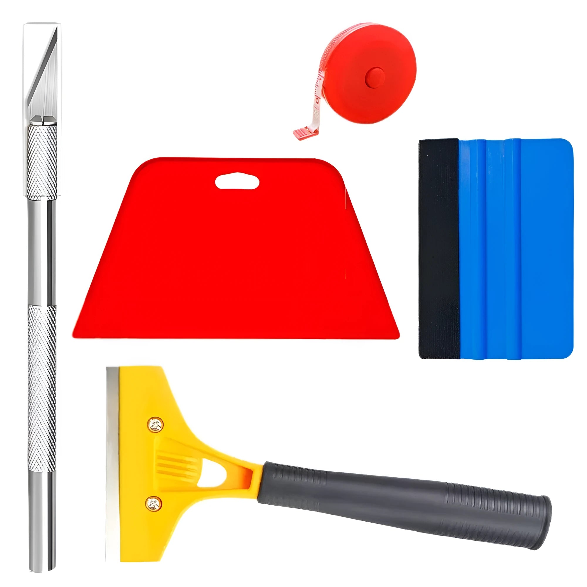 Plastic car window film smoothing tool set with squeegee and scrapers on a white background.