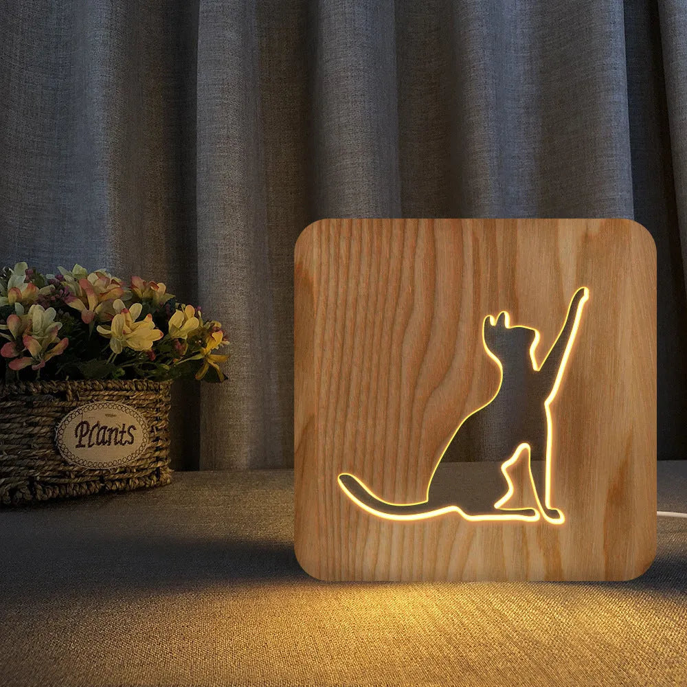3D cat night light with solid wood hollow design measuring 190mm with USB power cord