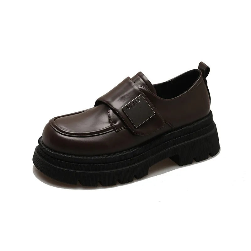 Women's black chunky heel shoes with 6-8cm square heel, microfiber upper, cross strap, round toe, low top
