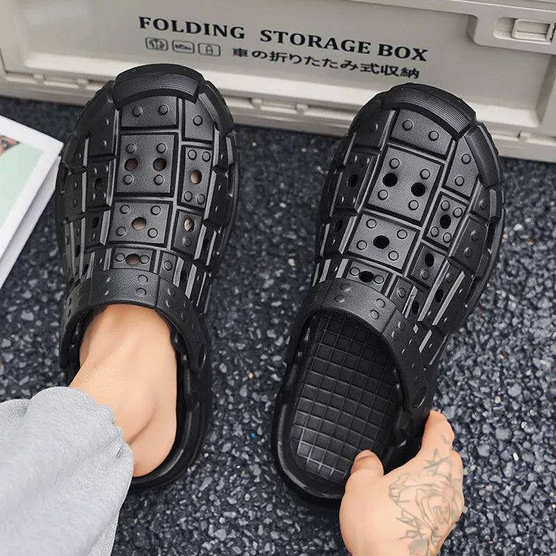 Men's EVA slippers with thick sole and toe holder strap in black, grey, and sand colour options
