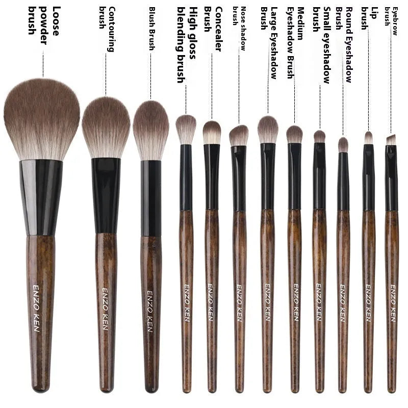 12-piece makeup brush set with wooden handles in a PU carry case including powder foundation brush