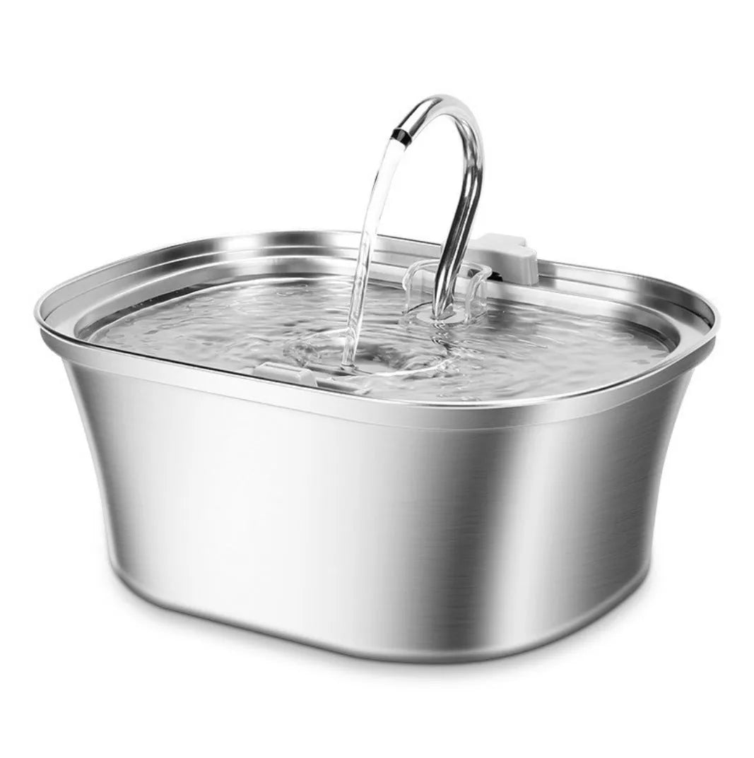 Stainless steel pet water dispenser with round basin and window faucet for dogs and cats.