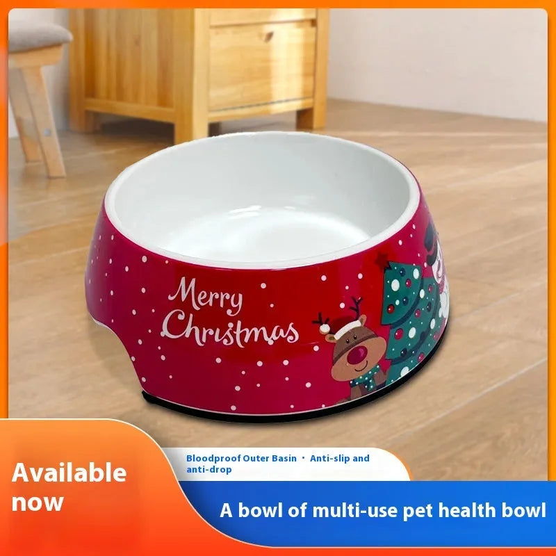 Red double-layer pet bowl with stainless steel insert for dogs and cats, shown in three size options.