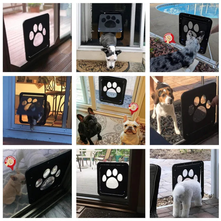 Lockable black pet screen door with ABS frame and nylon mesh for small cats and dogs on a screen window