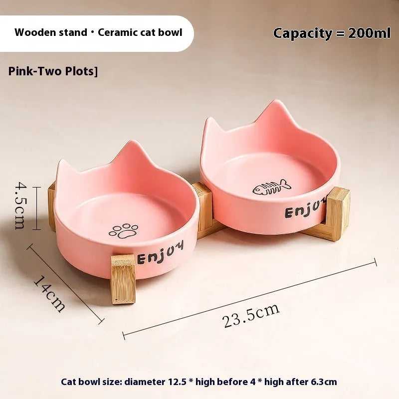 Ceramic cat bowl set with wooden anti-slip frame in cat paw design