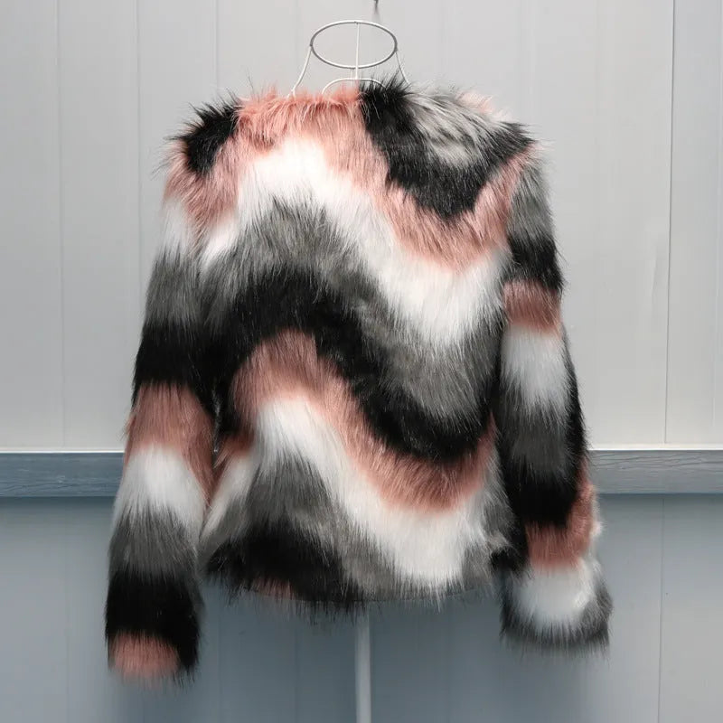 Korean style women's faux fur short coat with O-neck and long sleeves in picture colour.
