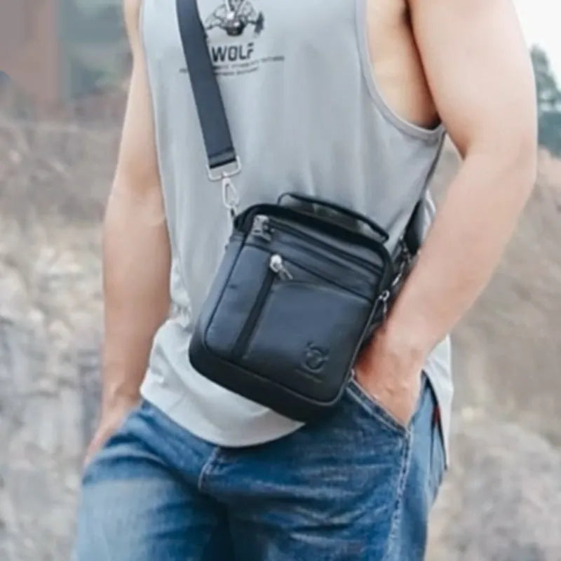 Men's black genuine leather shoulder messenger bag, wear-resistant, retro style for travel