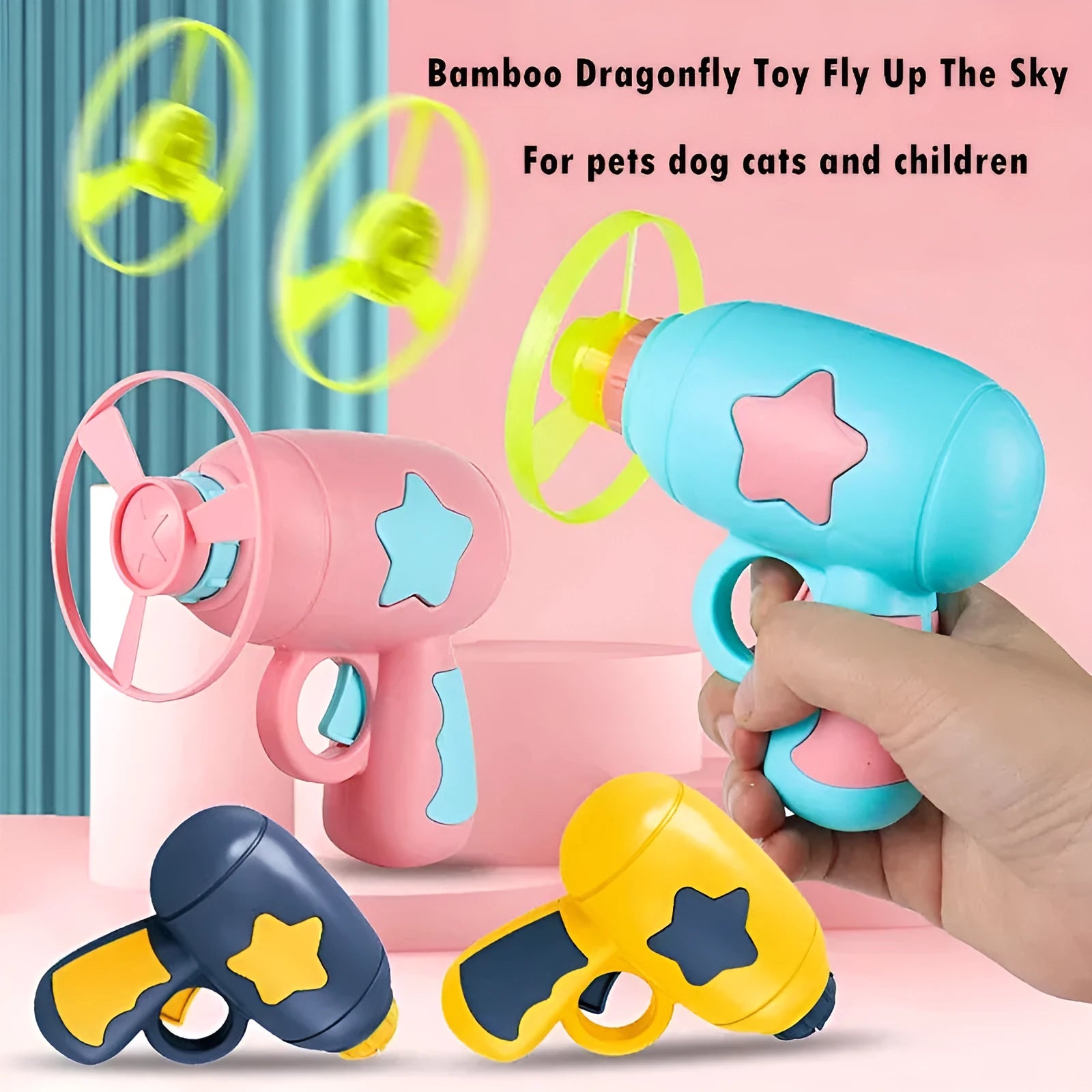 Blue and yellow LED light-up flying saucer launcher toy set with plastic gun and three discs.