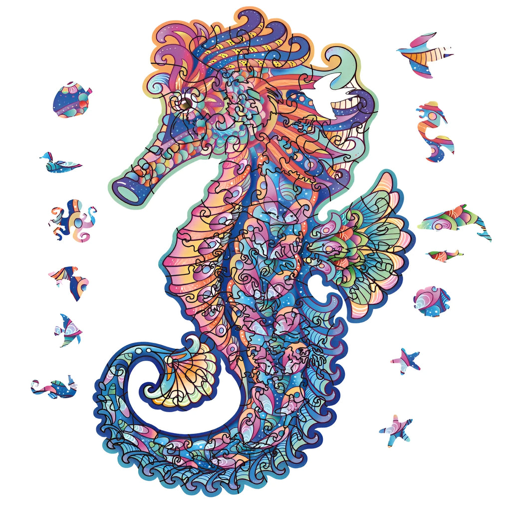 Irregular three-dimensional seahorse shaped wooden puzzle on a flat surface with colour options A3 A4 A5
