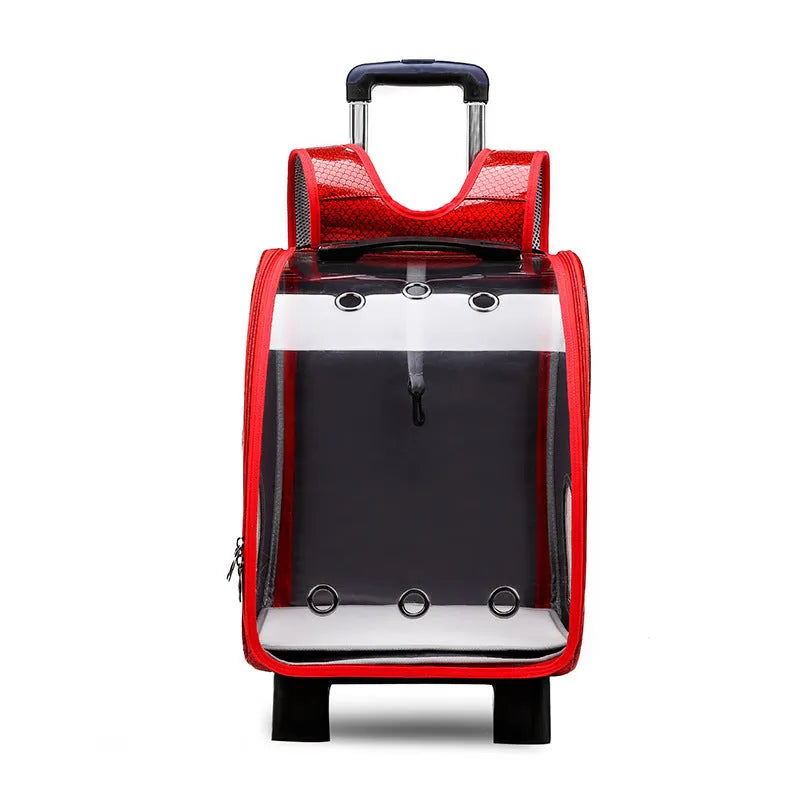 Blue transparent folding pet trolley bag with Oxford cloth backpack for small dogs.