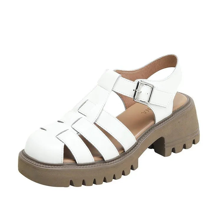 Women's retro closed-toe platform sandals with chunky heel and buckle strap in beige.