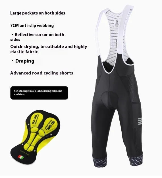Shock-absorbing cycling pants with cushion padding in black, navy blue, or grey seven-inch overalls design