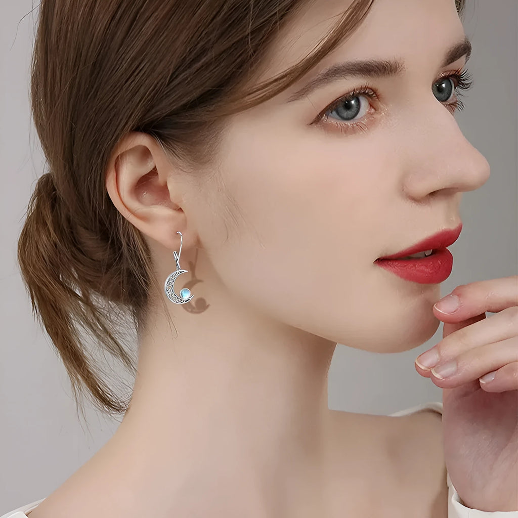 Silver moonstone drop earrings with tremella white fungus ring and hollow out moon design