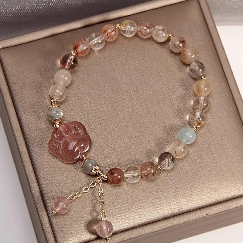 Coloured hair crystal bracelet with cat's paw and butterfly charms in Korean unisex style