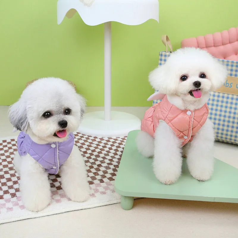 Pink polyester skirt with lace trim on a small dog model.