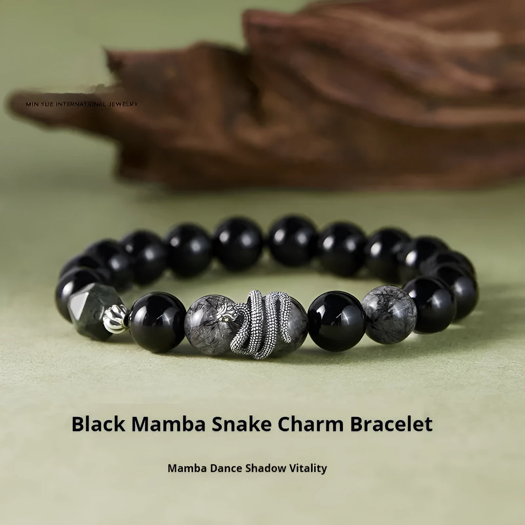 Men's black obsidian snake zodiac bracelet in S925 sterling silver with retro styling and 10mm width