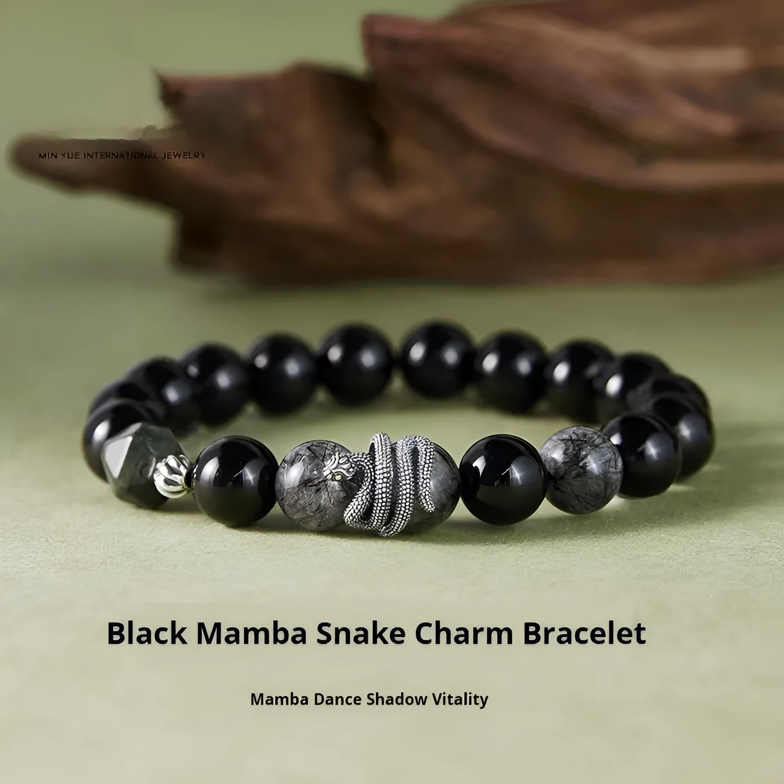 Men's black obsidian snake zodiac bracelet in S925 sterling silver with retro styling and 10mm width