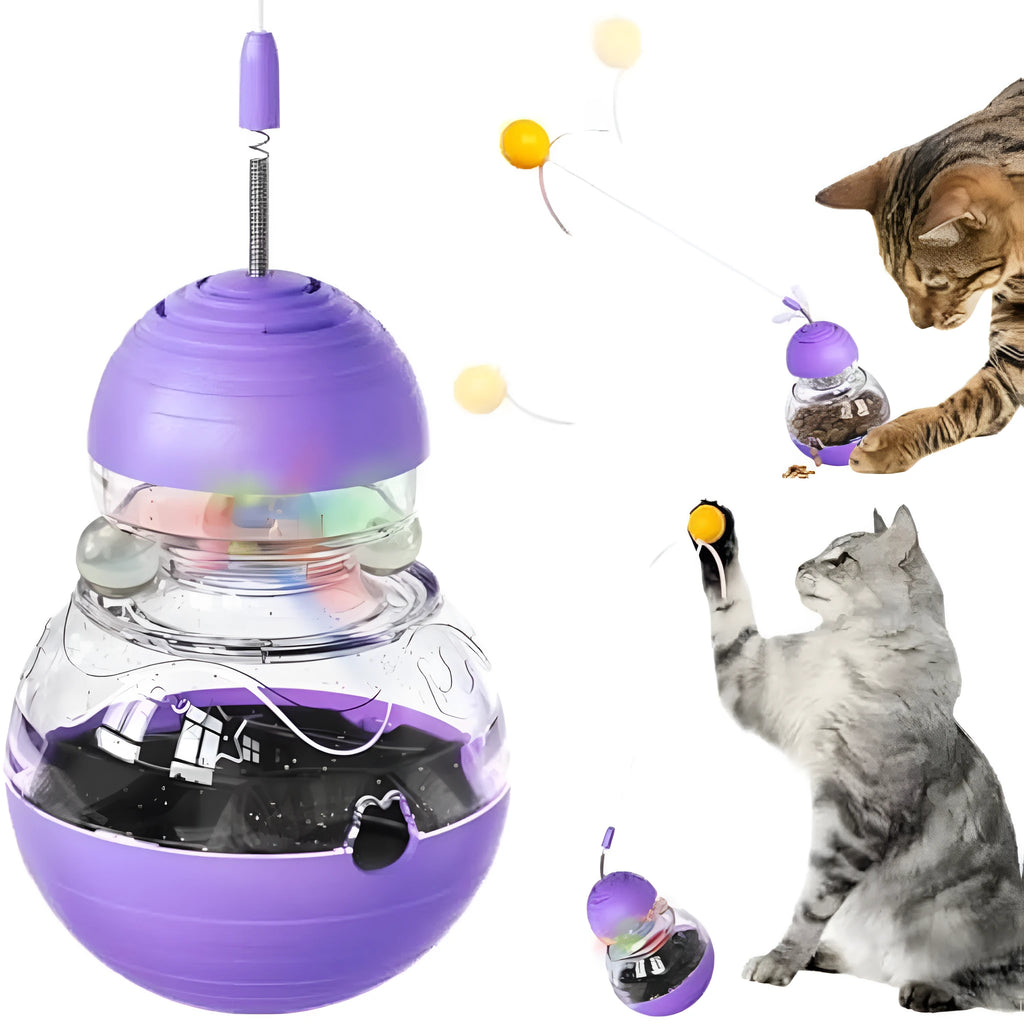 Electric yellow cat interactive toy wand with slow food dispenser, teaser stick, ball, and ribbon.