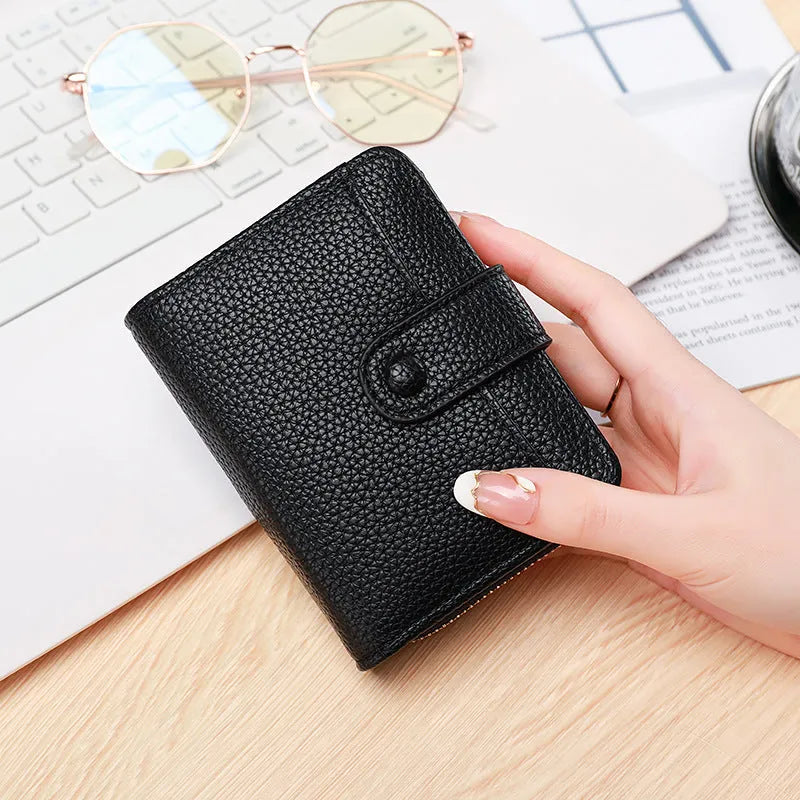 Ladies short wallet with lychee pattern in two-fold design showing beige colour option