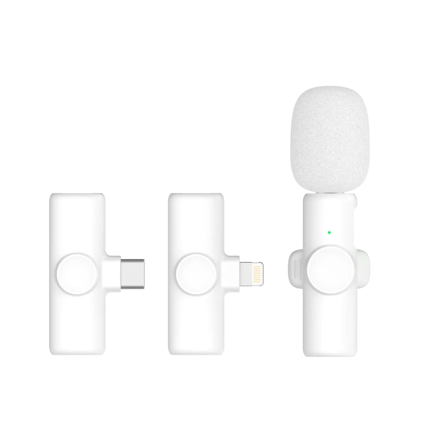 2.4G wireless microphone with receiver, showing colour options and compact size for live sound recording.