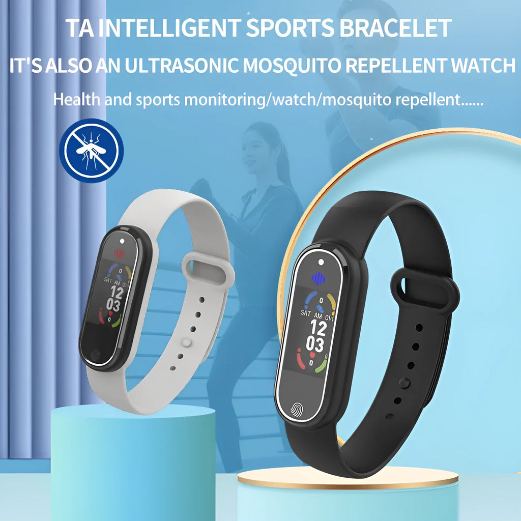 Electronic mosquito repellent bracelet with USB charging port, shown in black and white colour options
