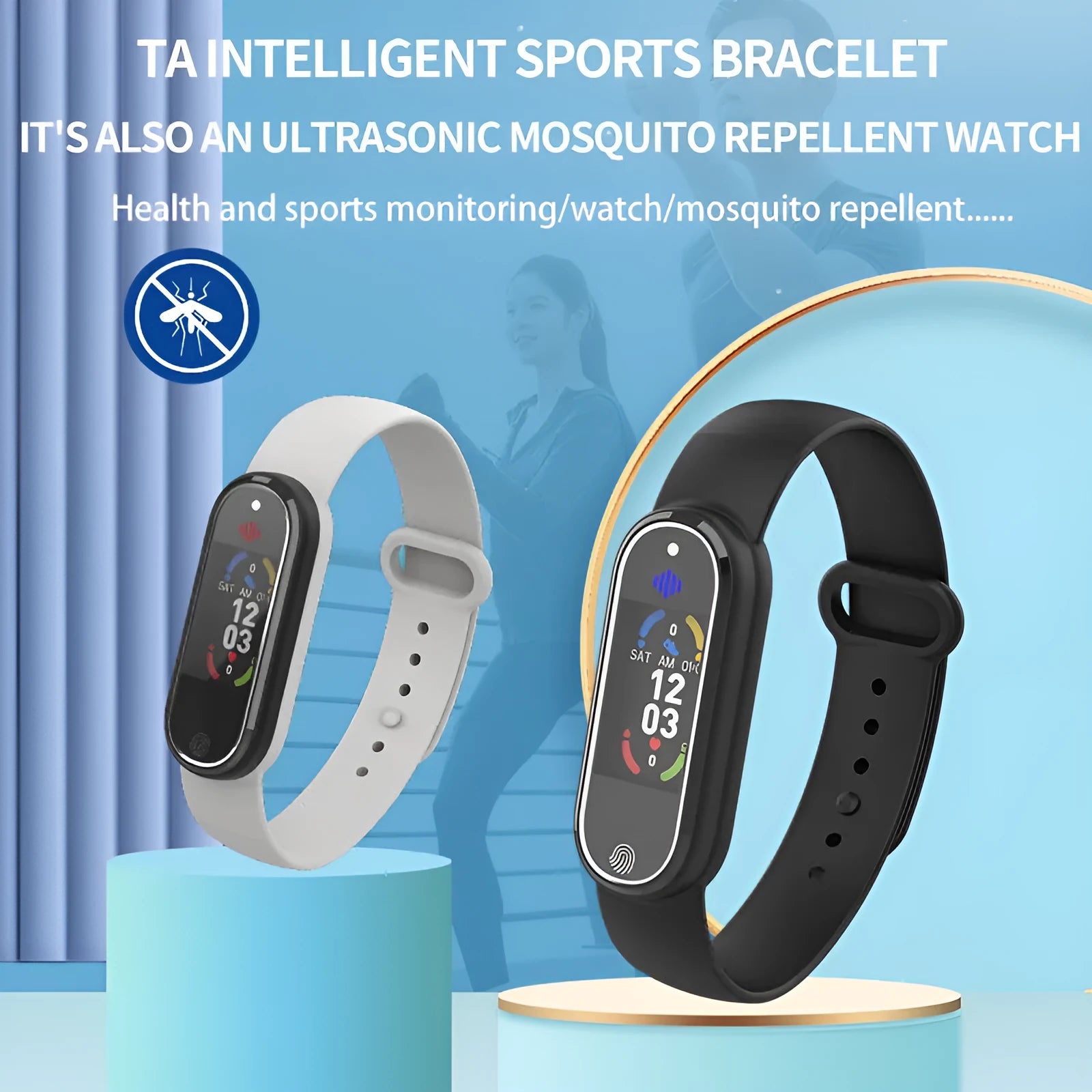 Electronic mosquito repellent bracelet with USB charging port, shown in black and white colour options