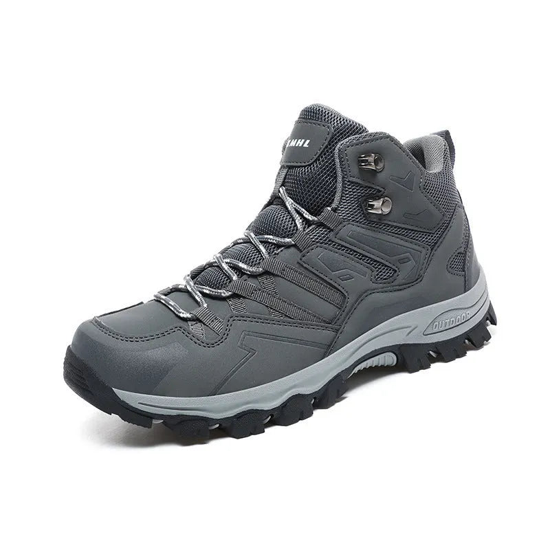 Men's and women's flannel hiking sneakers in various colours on a rocky outdoor path.
