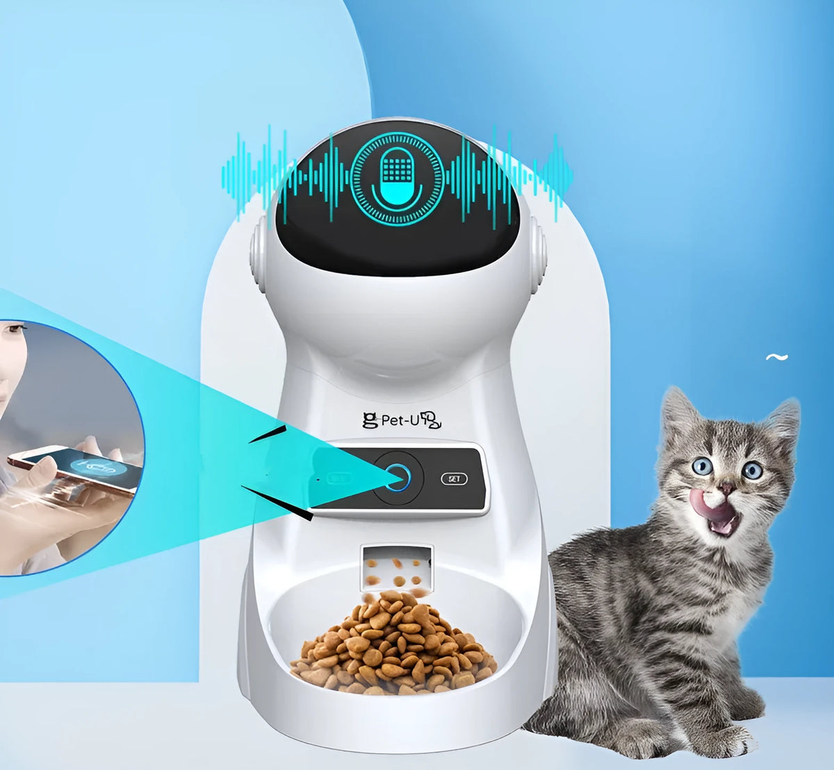 White WiFi automatic pet feeder with 3L dry food capacity, programmable timed portions, L210 x W290 x H380 mm