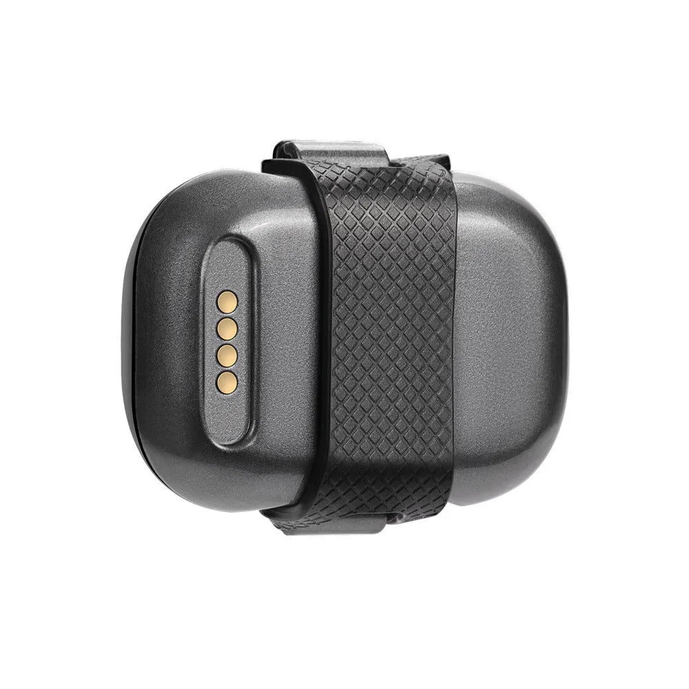 Black pet GPS locator device with hanging rope for collar attachment showing IP67 waterproof rating
