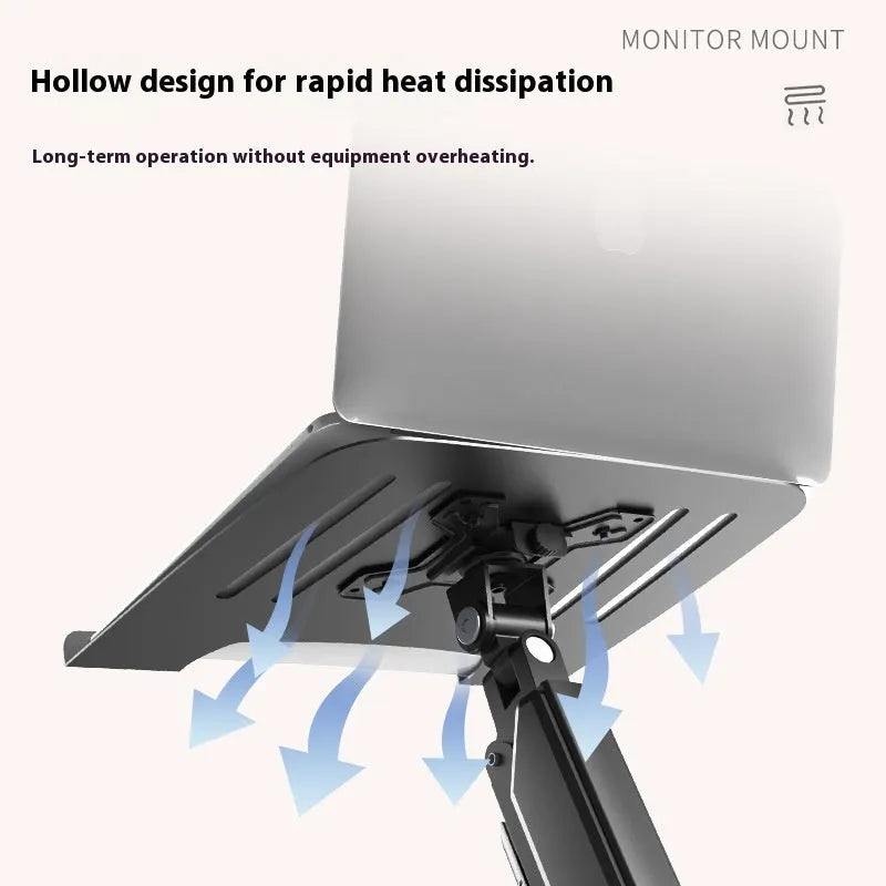 Aluminium alloy suspended cooling laptop bracket with height adjusting mechanical arm on desk