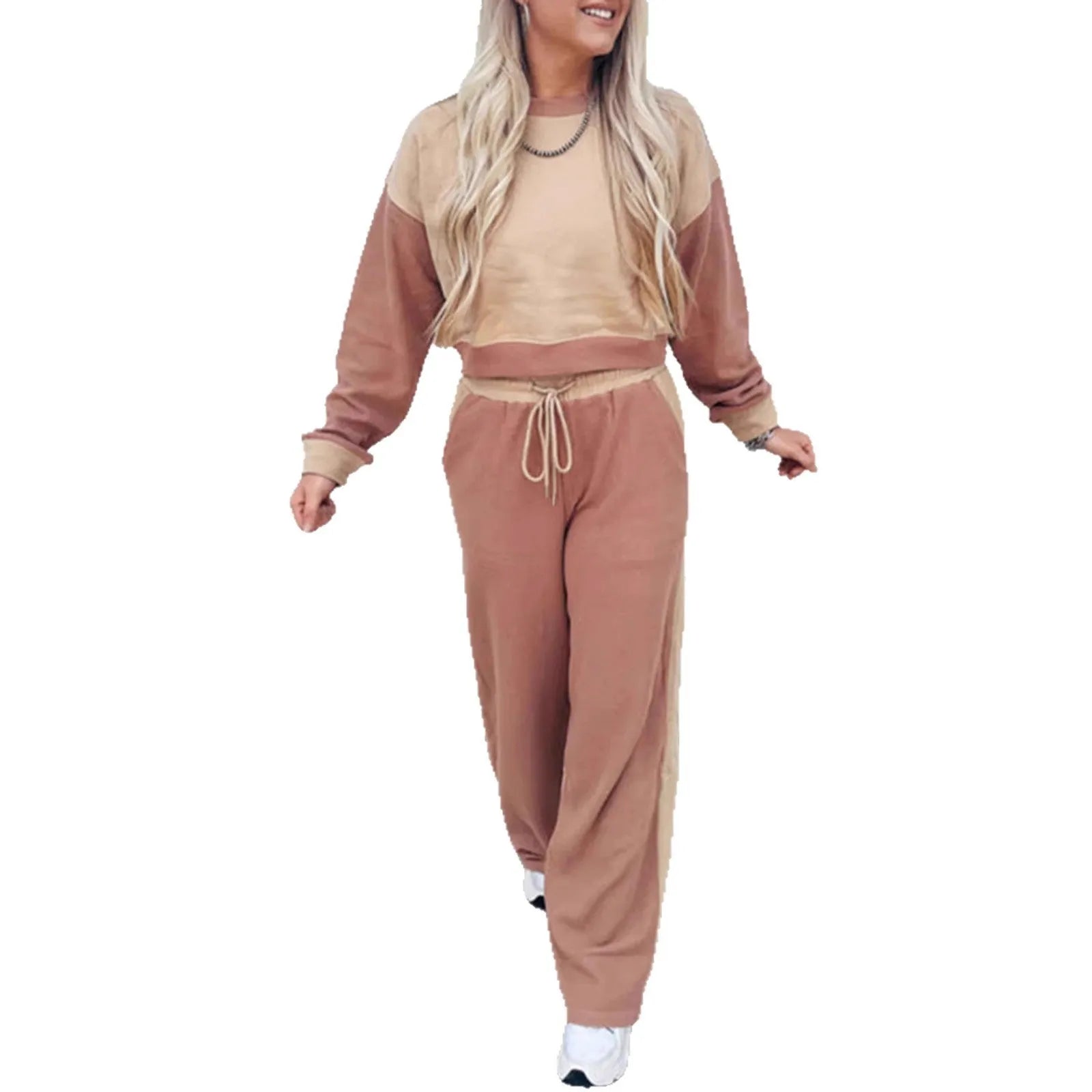 Women's camel cotton matching sports suit with top and trousers