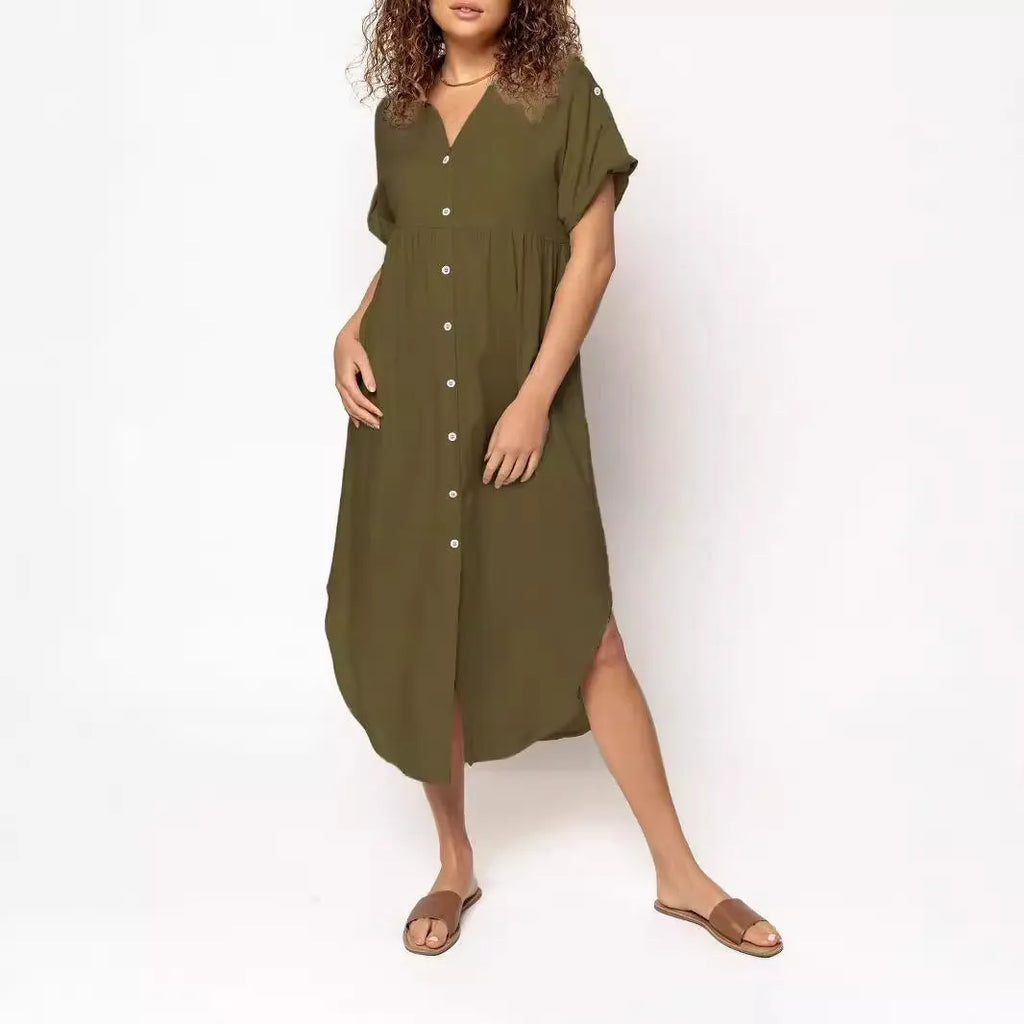 Loose fit casual midi dress with button front in solid colour on a model