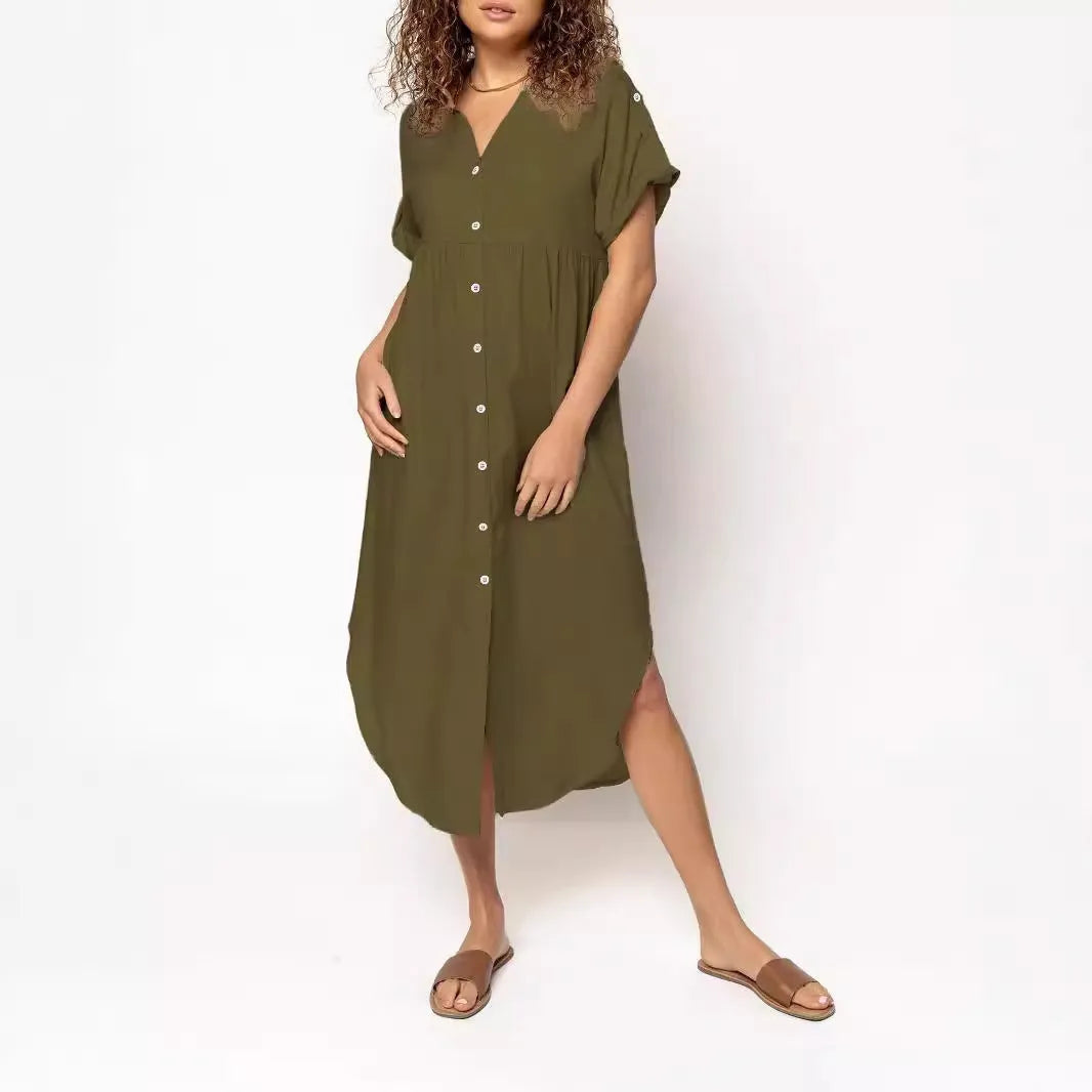 Loose fit casual midi dress with button front in solid colour on a model