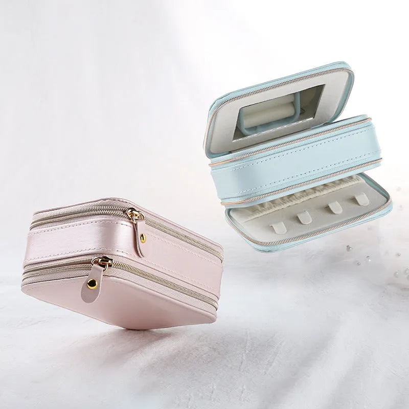 Simple zipper PU leather jewelry box in light blue with compact 11.5cm size and metal zipper closure