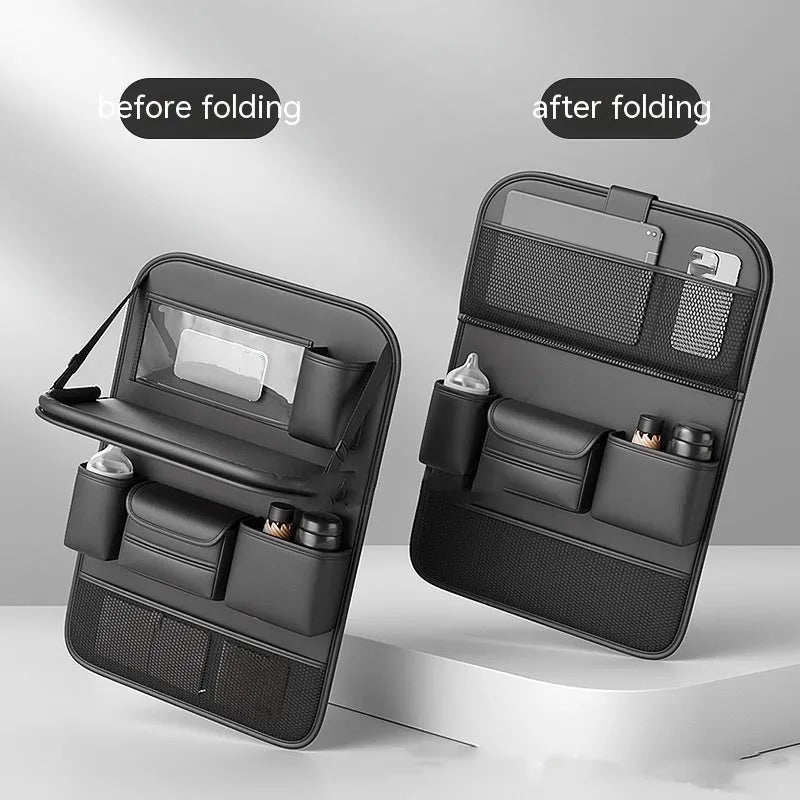 Leather car seat storage bag with foldable dining table in obsidian black colour