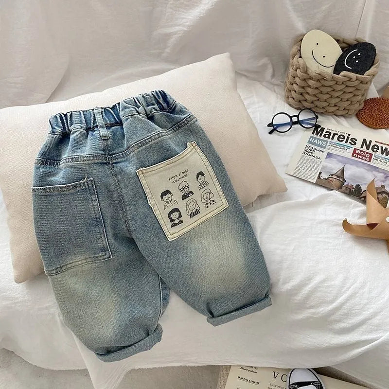 Boys casual light-coloured denim jeans with elastic waist and back pocket printing