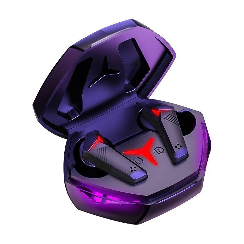 Black wireless Bluetooth gaming headset with earplug-style design showing binaural stereo sound and charging cable