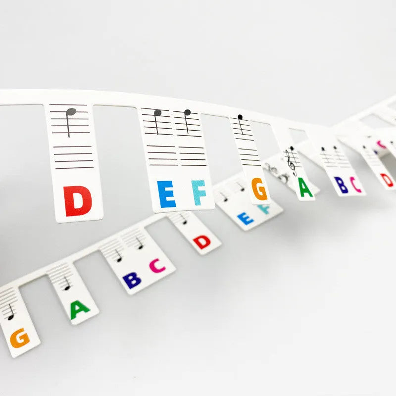 Piano keyboard note stickers on white card for 88-key pianos showing colour bars and black notation