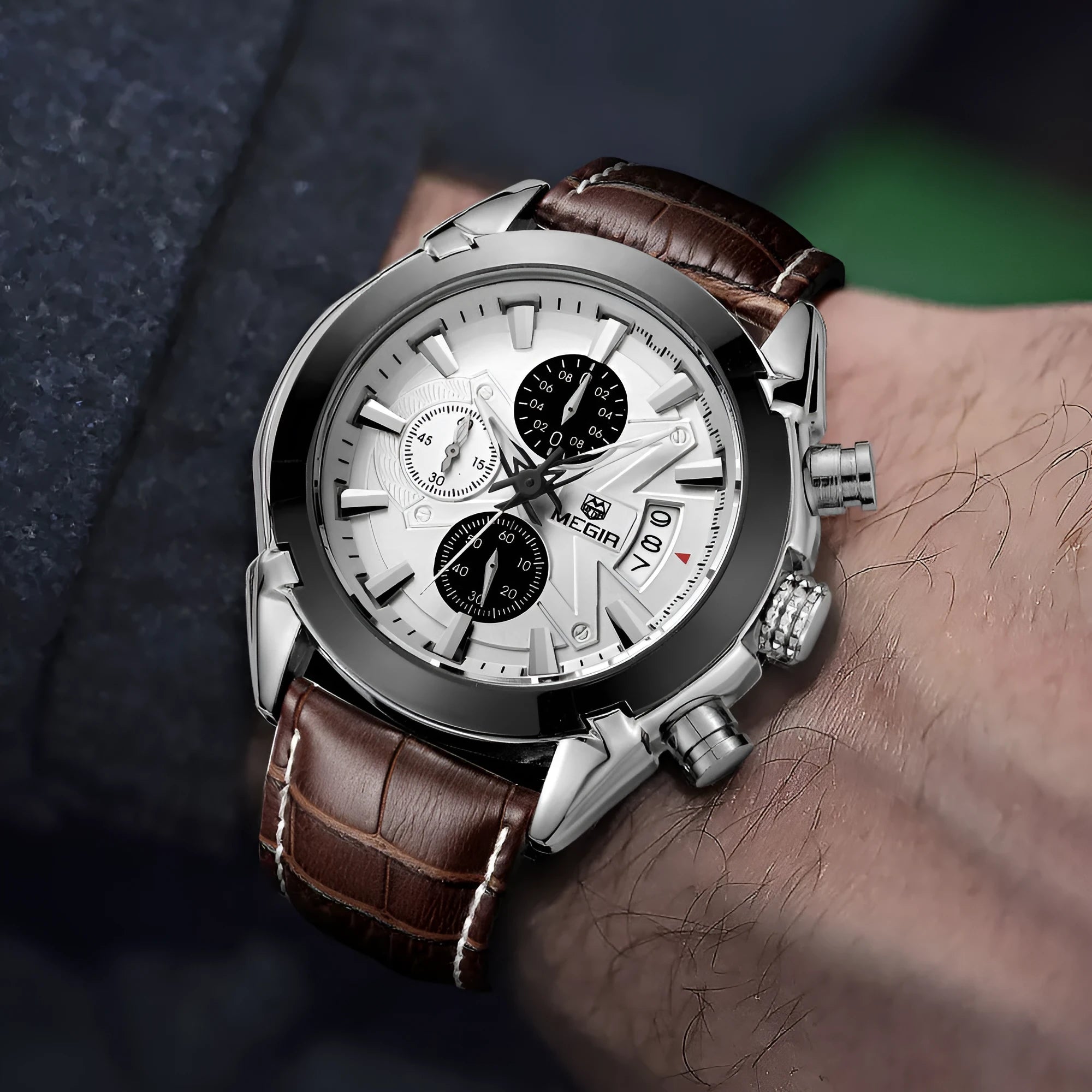 Men's brown and white surface quartz chronograph watch with luminous hands and waterproof case.