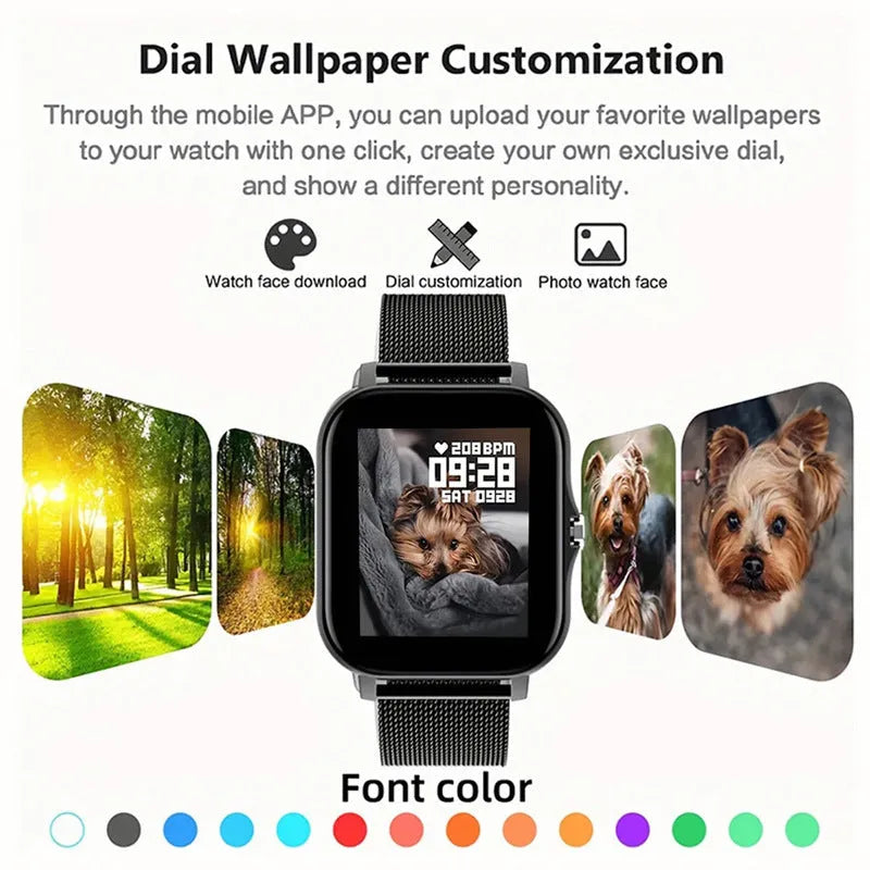 Smart watch with 1.44-inch colour touch screen displaying a heart rate graph, with a black steel strap on a wrist.