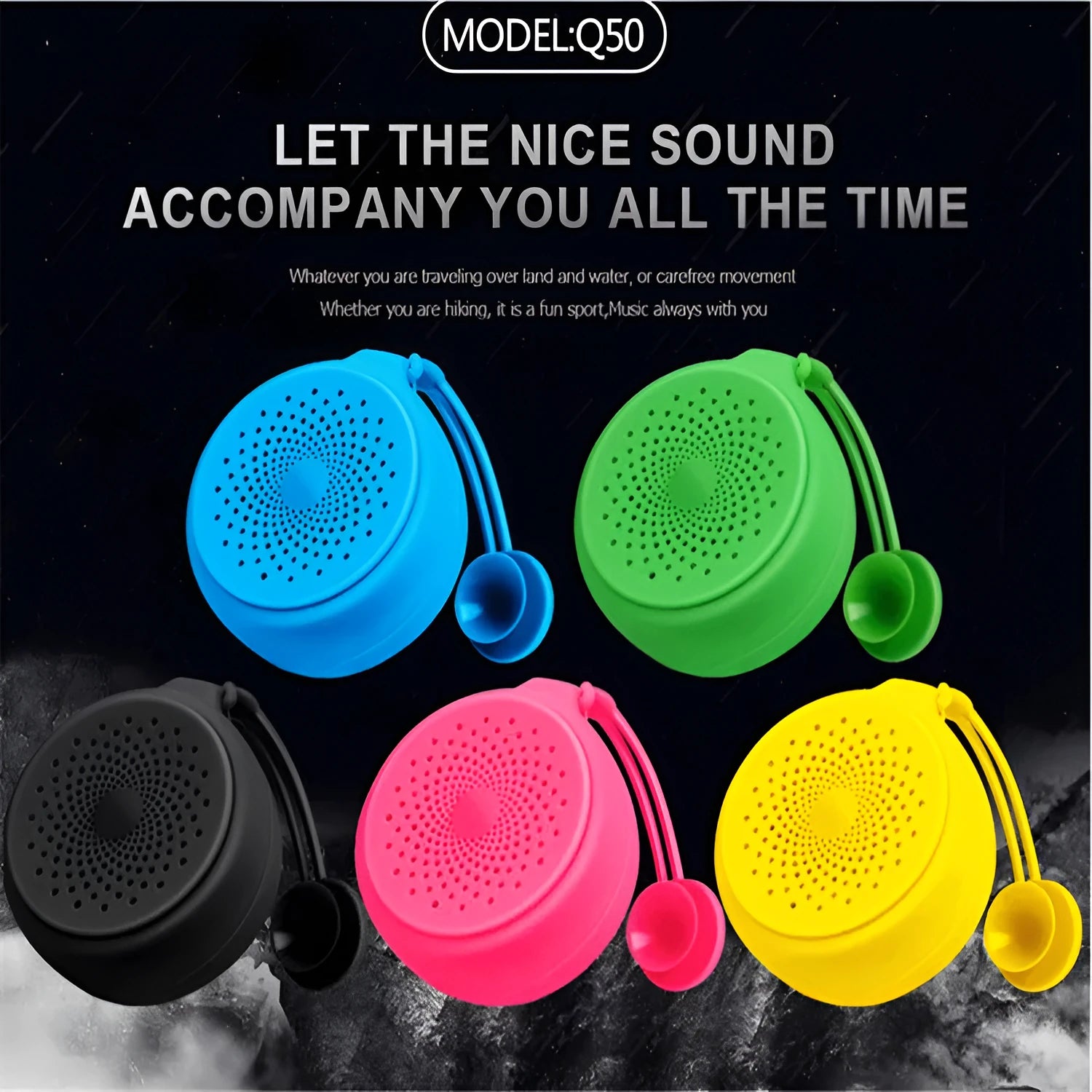 Compact Bluetooth speaker with suction cup base in black, blue and pink options